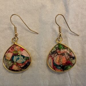 Gold Teardrop Earrings with Floral Design